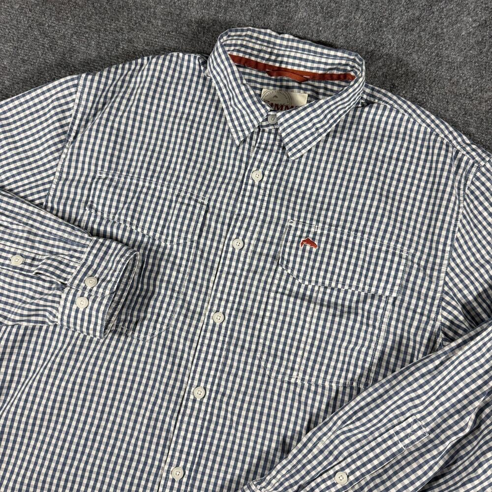 Simms Transit LS Button Shirt Mens L Indigo Gingham Plaid Fishing Performance